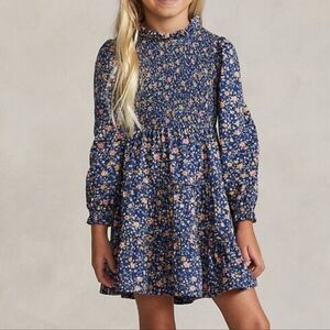 Polo Ralph Lauren Floral Long Sleeve Smocked Dress Cotton Lightweight Size 10-12